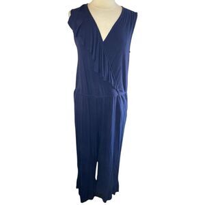 SPENSE‎ Navy Sleeveless Jersey Knit Surplice Ruffled Wide Leg Jumpsuit, XL